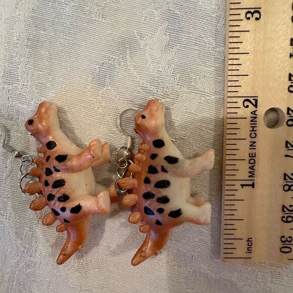 Earrings Pierced Dinosaur Silver Dangly Exaggerated Handmade Costume Jewelry - Picture 2 of 8